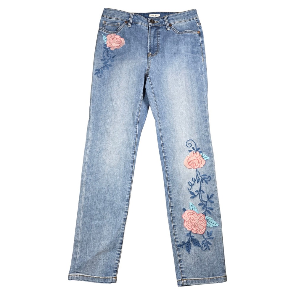 Tribal Jeans Womens 6 Girlfriend Rose Floral Embroidered Medium Wash Denim Blue